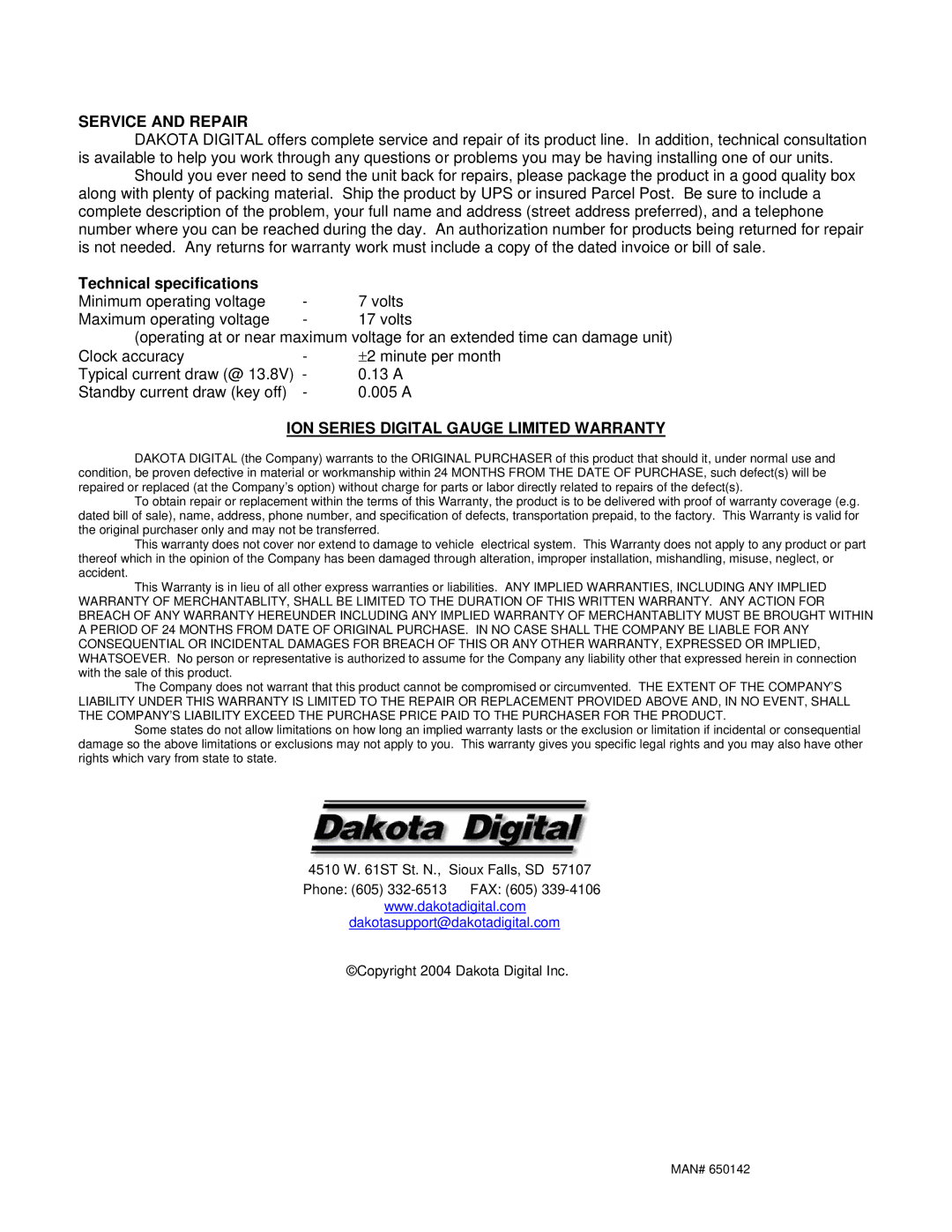 Dakota Digital ION-16 manual Service and Repair, Technical specifications, ION Series Digital Gauge Limited Warranty 