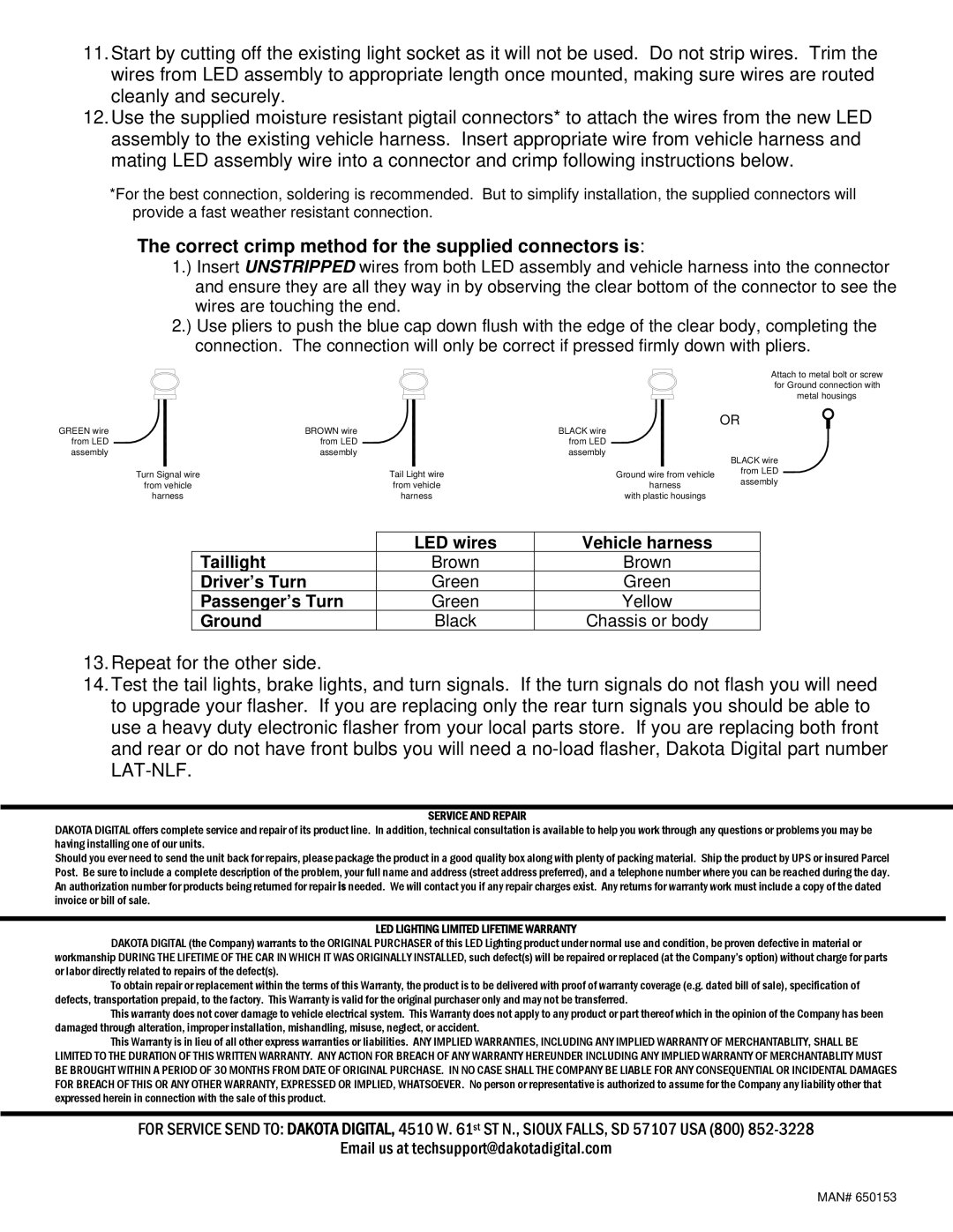 Dakota Digital LAT-NR100 installation instructions Correct crimp method for the supplied connectors is, Service and Repair 