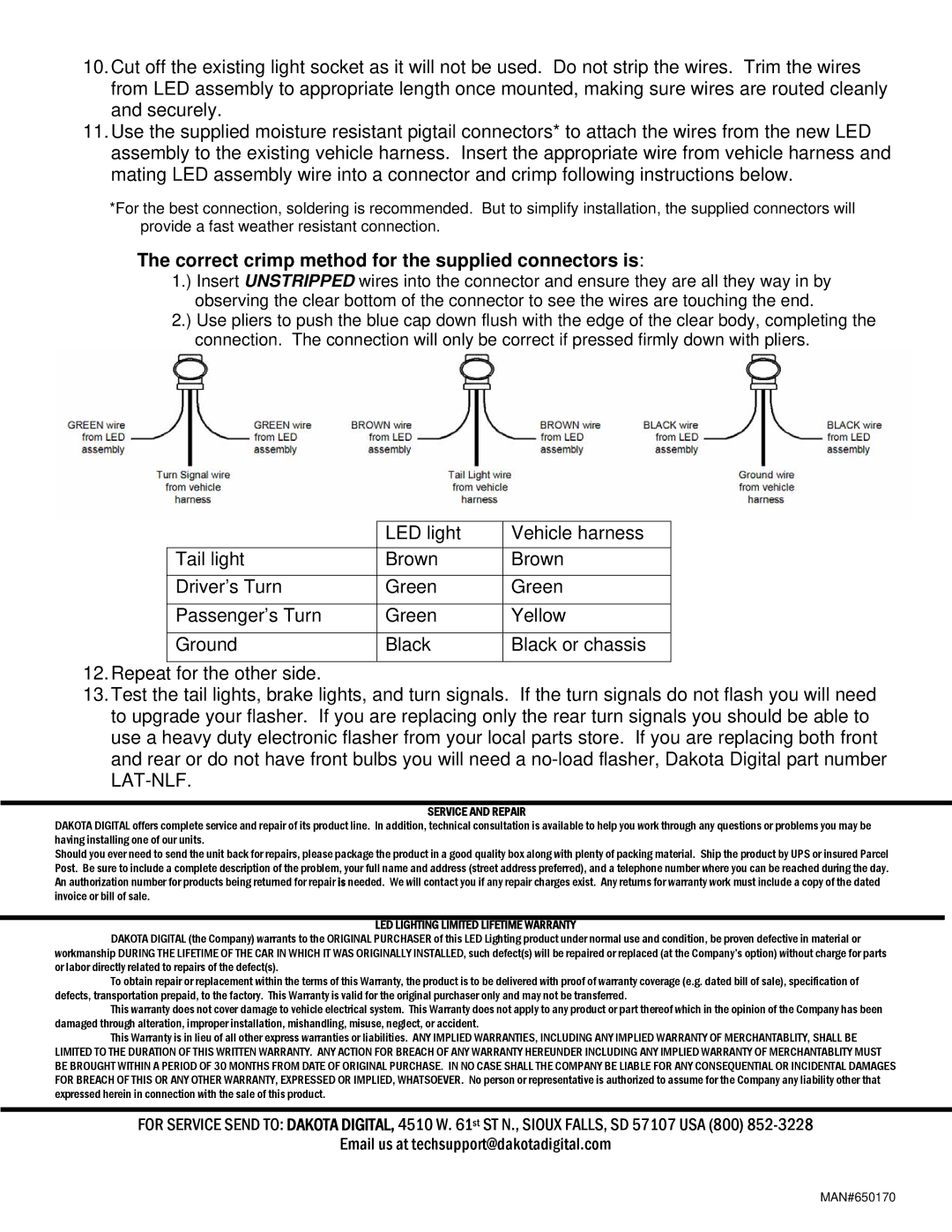 Dakota Digital LAT-NR111 installation instructions Correct crimp method for the supplied connectors is, Service and Repair 