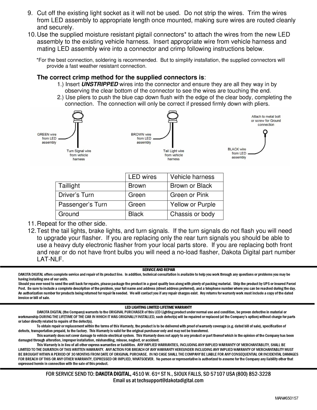 Dakota Digital LAT-NR140 installation instructions Correct crimp method for the supplied connectors is, Service and Repair 