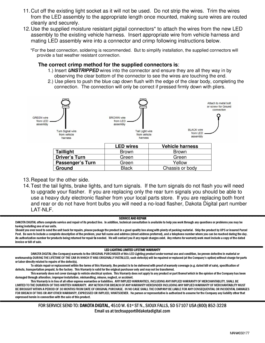 Dakota Digital LAT-NR150 installation instructions Correct crimp method for the supplied connectors is, Service and Repair 