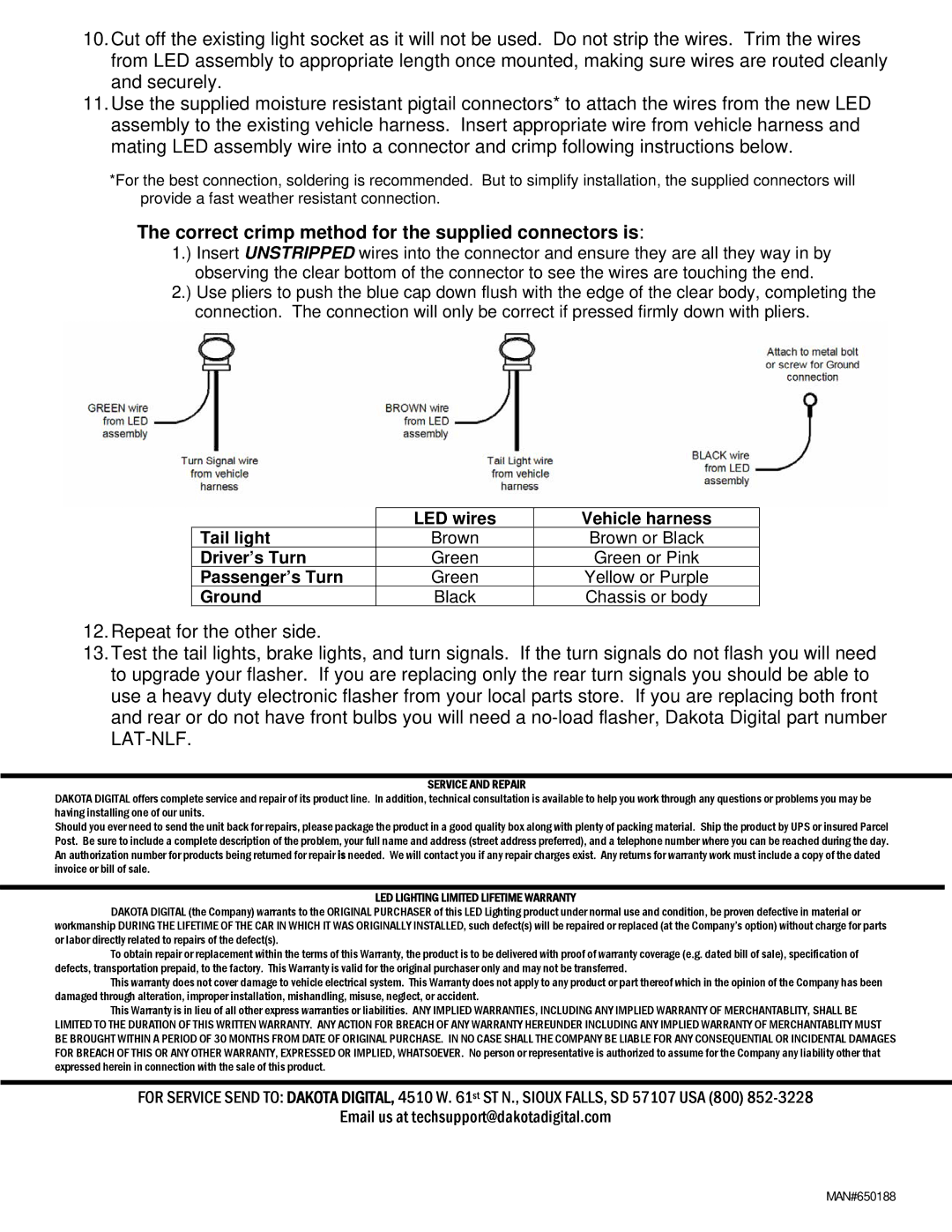 Dakota Digital LAT-NR230 installation instructions Correct crimp method for the supplied connectors is, Service and Repair 