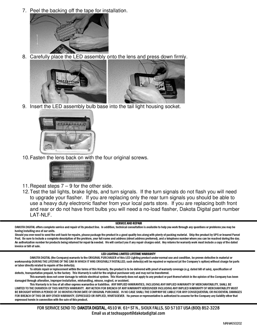 Dakota Digital LAT-NR320 installation instructions Service and Repair, LED Lighting Limited Lifetime Warranty 