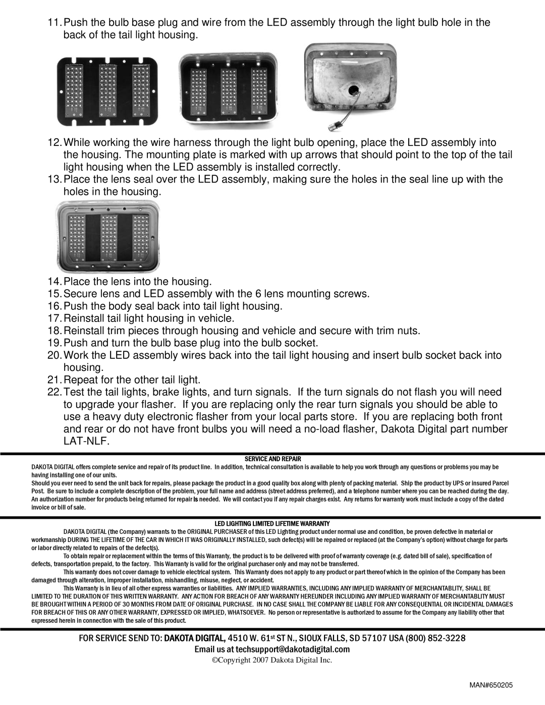 Dakota Digital LAT-NR362 installation instructions Service and Repair, LED Lighting Limited Lifetime Warranty 