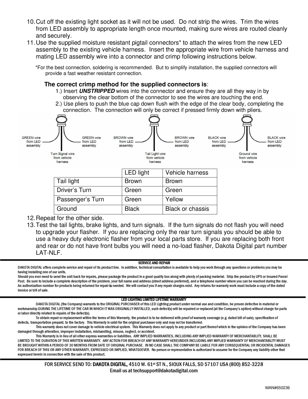 Dakota Digital LAT-NR391 installation instructions Correct crimp method for the supplied connectors is, Service and Repair 