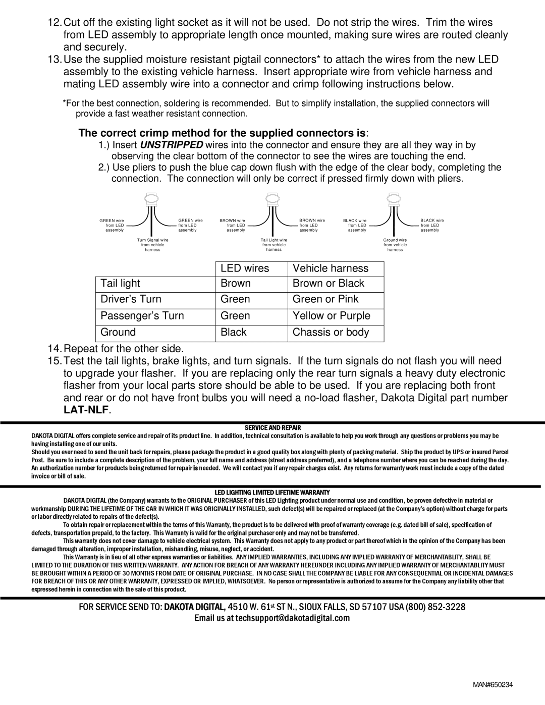 Dakota Digital LAT-NR401 installation instructions Correct crimp method for the supplied connectors is, Service and Repair 