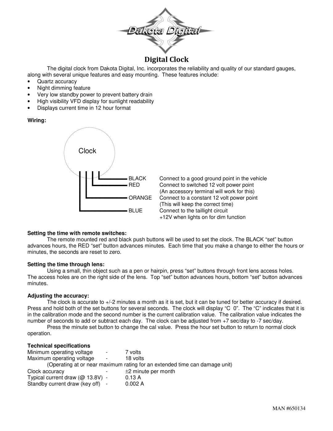 Dakota Digital MAN #650134 technical specifications Wiring, Setting the time with remote switches, Adjusting the accuracy 