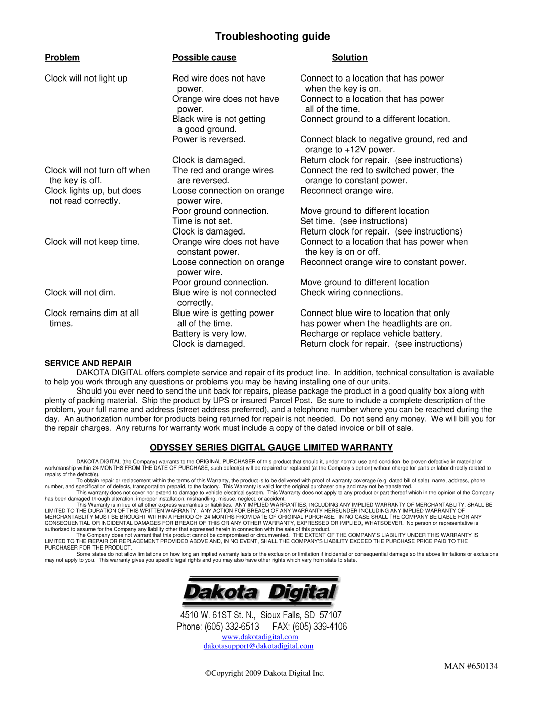 Dakota Digital MAN #650134 technical specifications Troubleshooting guide, Problem Possible cause Solution 