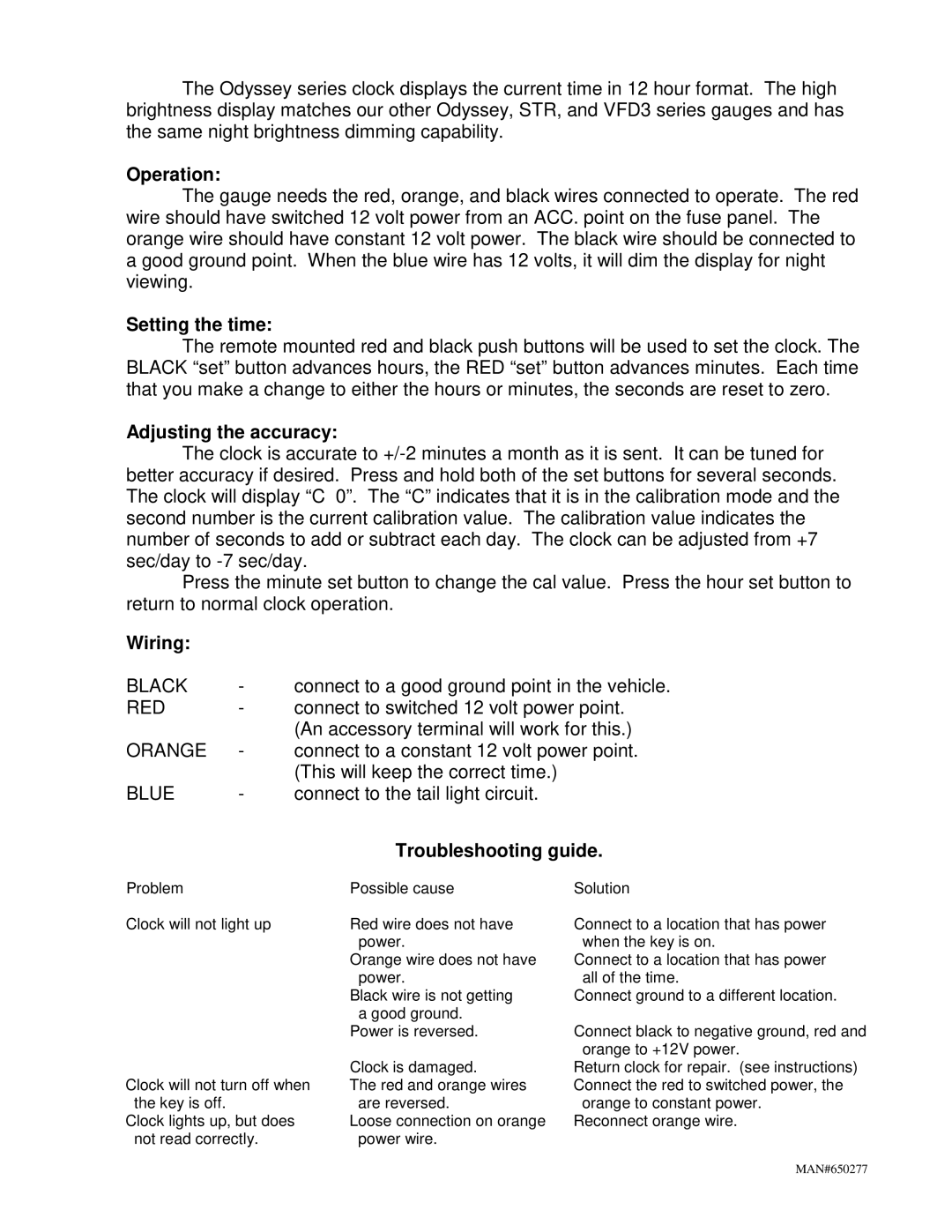 Dakota Digital MAN#650277 manual Operation, Setting the time, Adjusting the accuracy, Wiring, Troubleshooting guide 