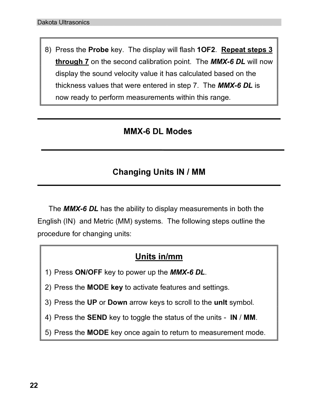 Dakota Digital operation manual MMX-6 DL Modes Changing Units in / MM, Units in/mm 