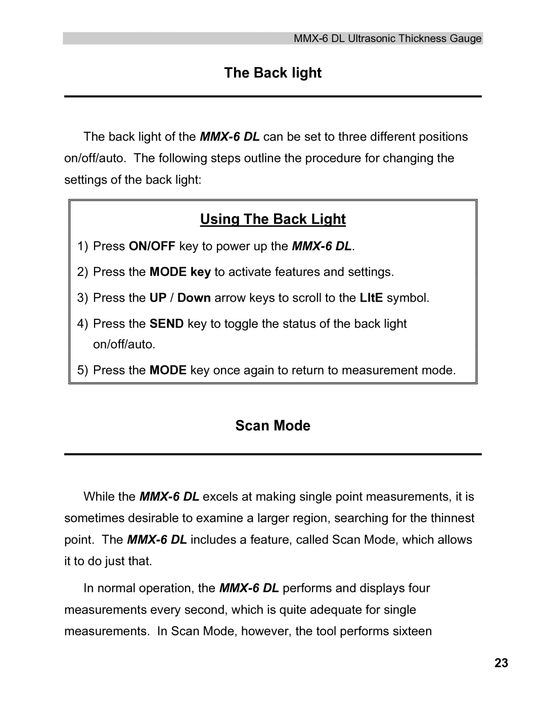 Dakota Digital MMX-6 operation manual Back light, Using The Back Light, Scan Mode 