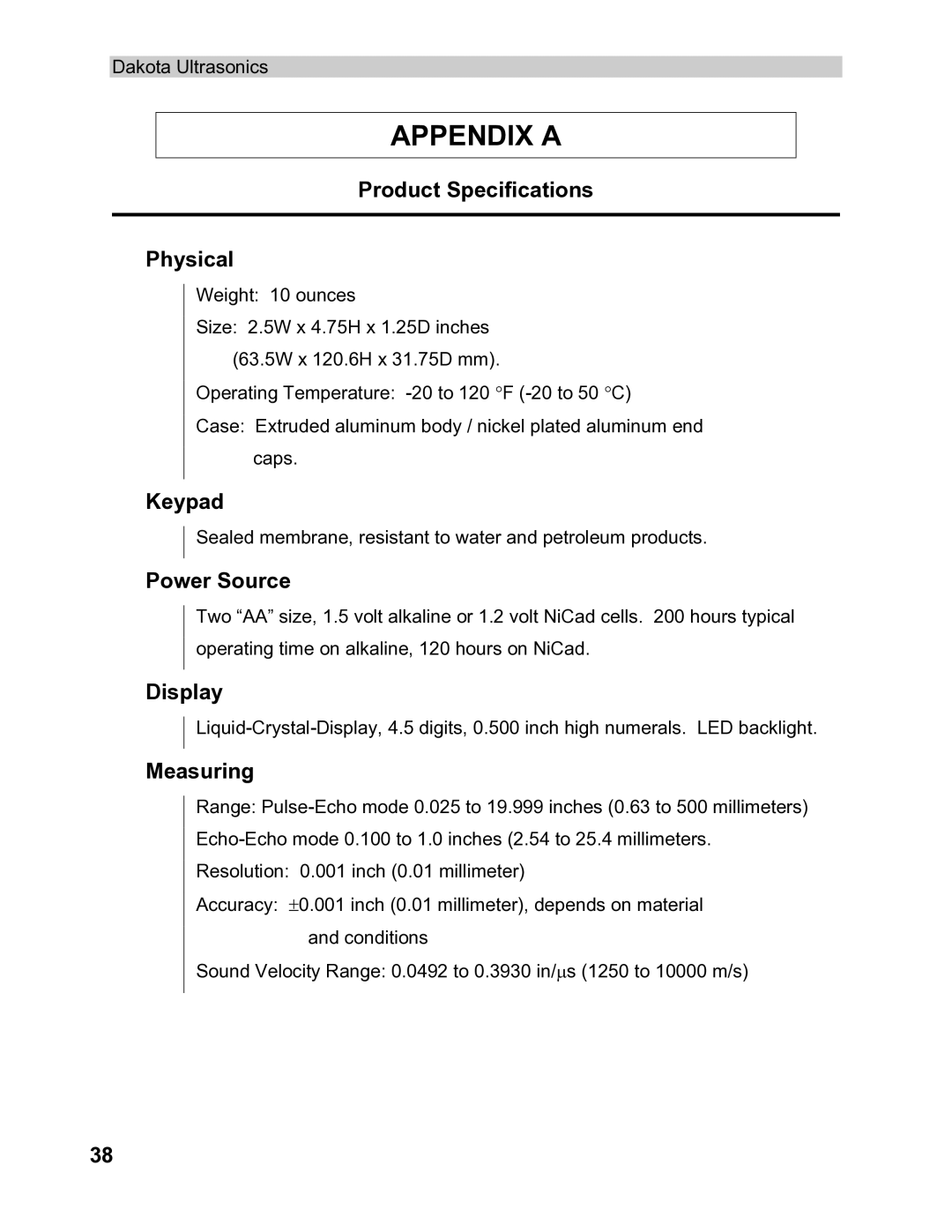 Dakota Digital MMX-6 operation manual Appendix a, Product Specifications Physical, Keypad, Power Source, Measuring 