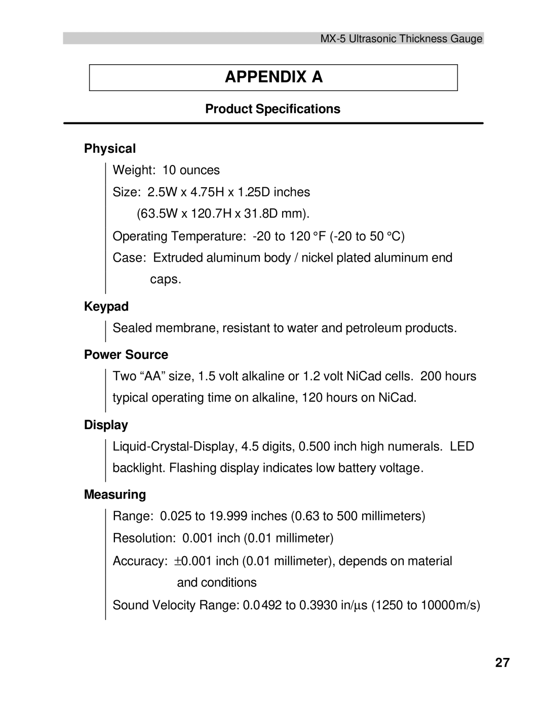 Dakota Digital MX-5 operation manual Appendix a, Product Specifications Physical 