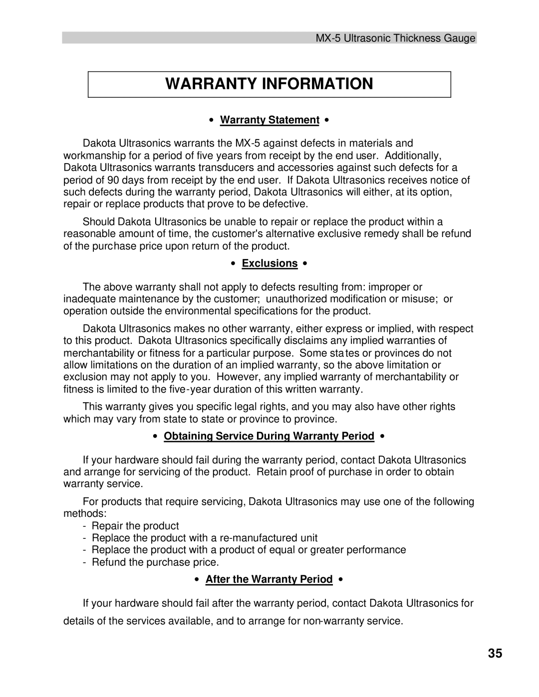 Dakota Digital MX-5 operation manual Warranty Information, ∙ Warranty Statement ∙ 