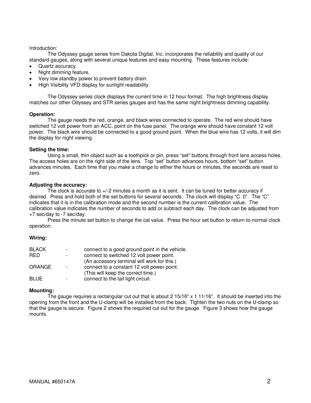 Dakota Digital ODY-16-1 manual Operation, Setting the time, Adjusting the accuracy, Wiring, Mounting 
