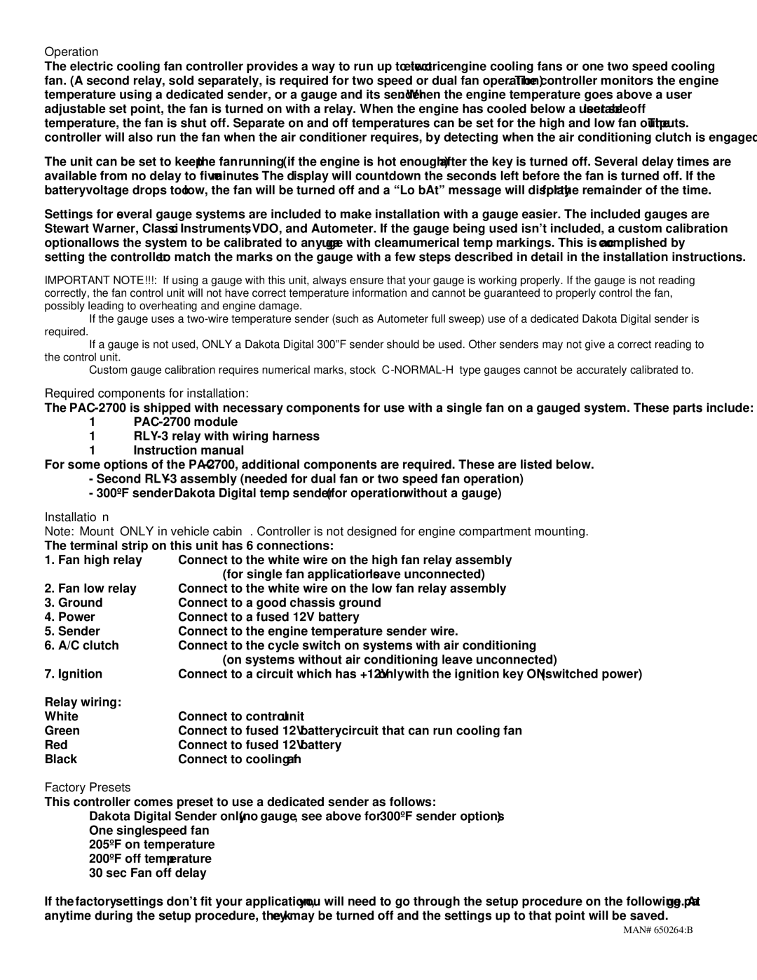 Dakota Digital PAC-2700 manual Operation, Required components for installation, Installation, Factory Presets 