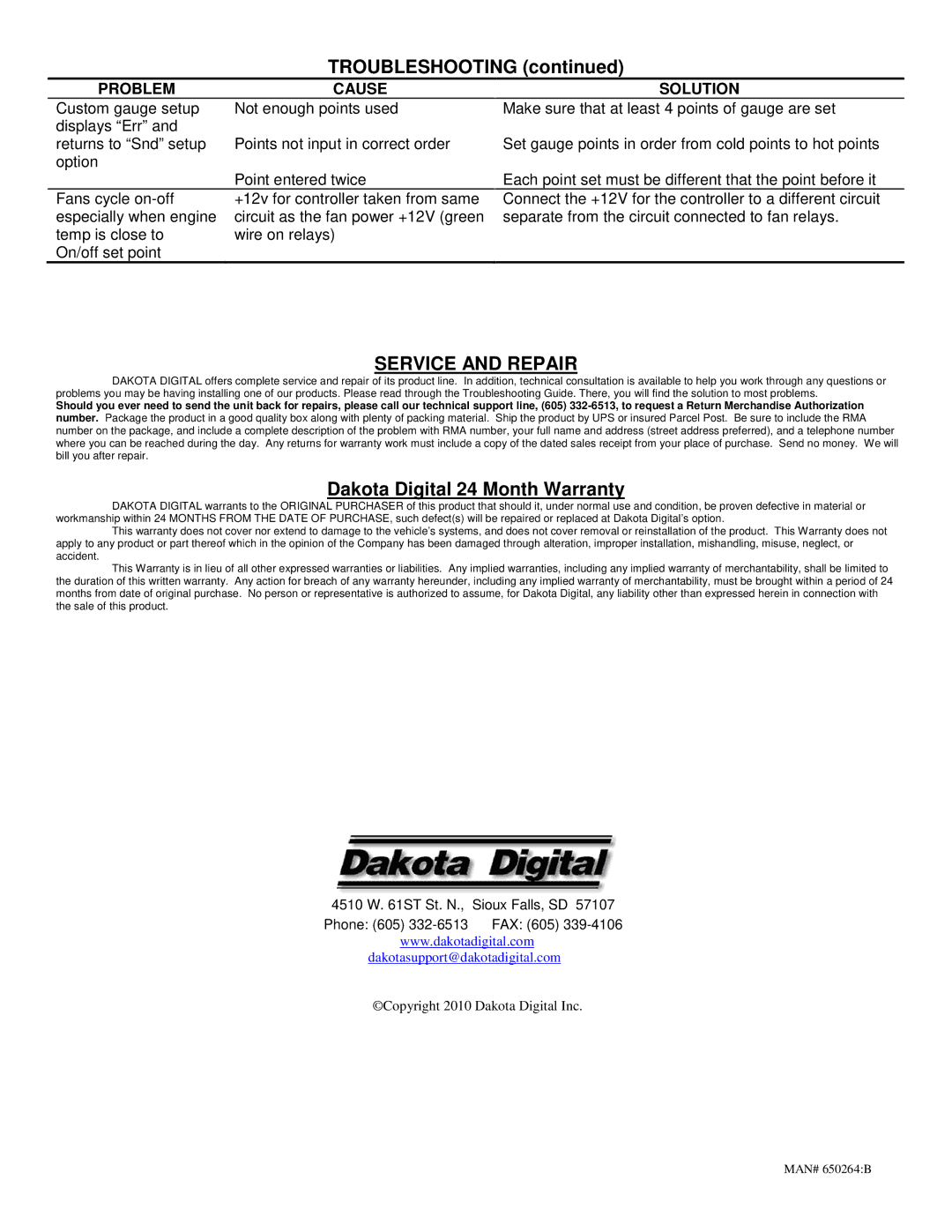 Dakota Digital PAC-2700 manual Troubleshooting, Service and Repair 