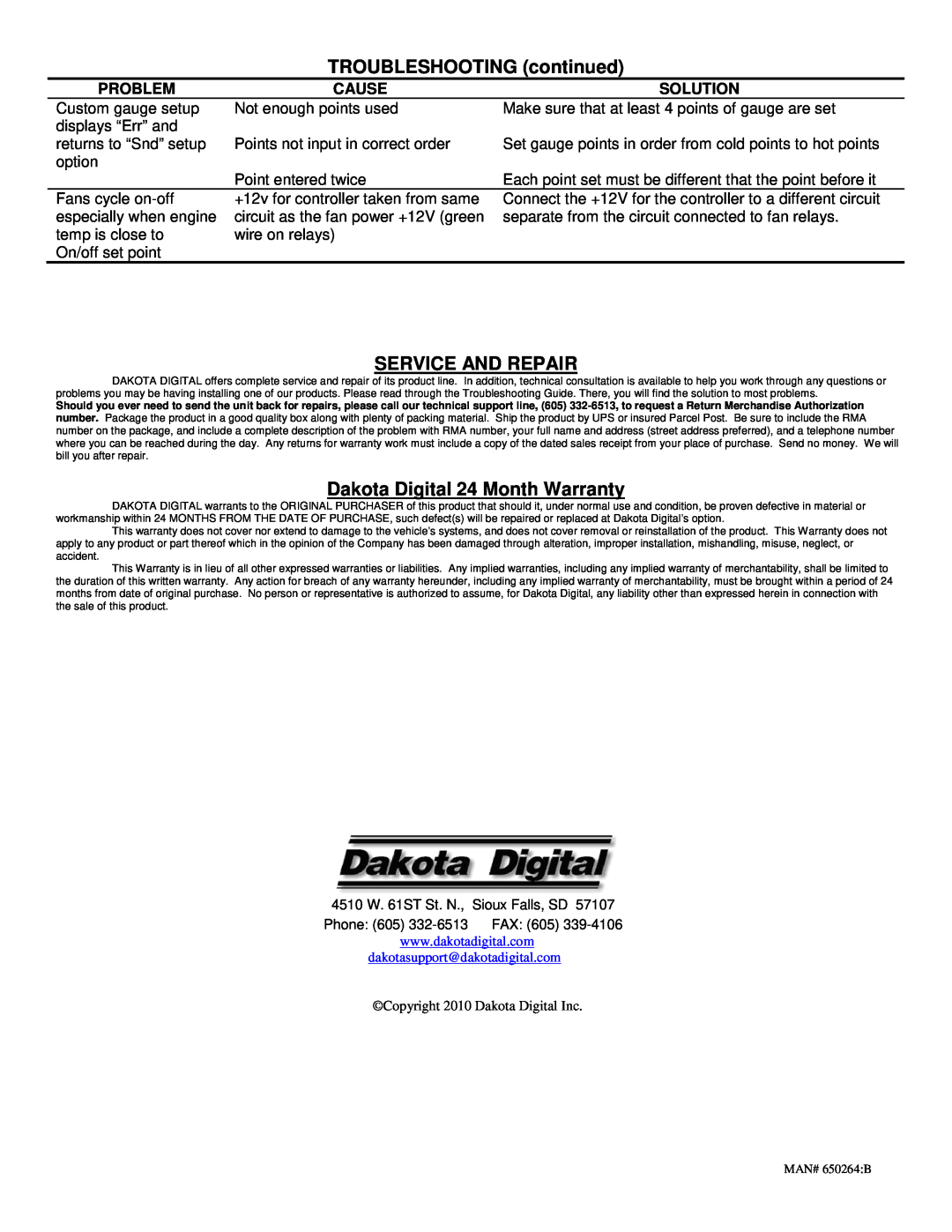 Dakota Digital PAC-2700 TROUBLESHOOTING continued, Service And Repair, Dakota Digital 24 Month Warranty, Problem, Cause 