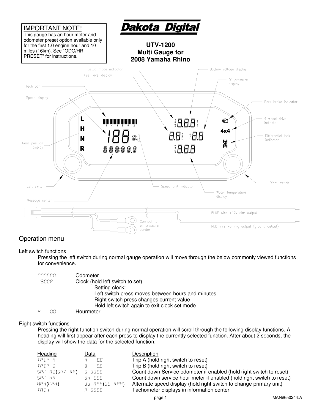 Dakota Digital manual Important Note, UTV-1200 Multi Gauge for Yamaha Rhino 