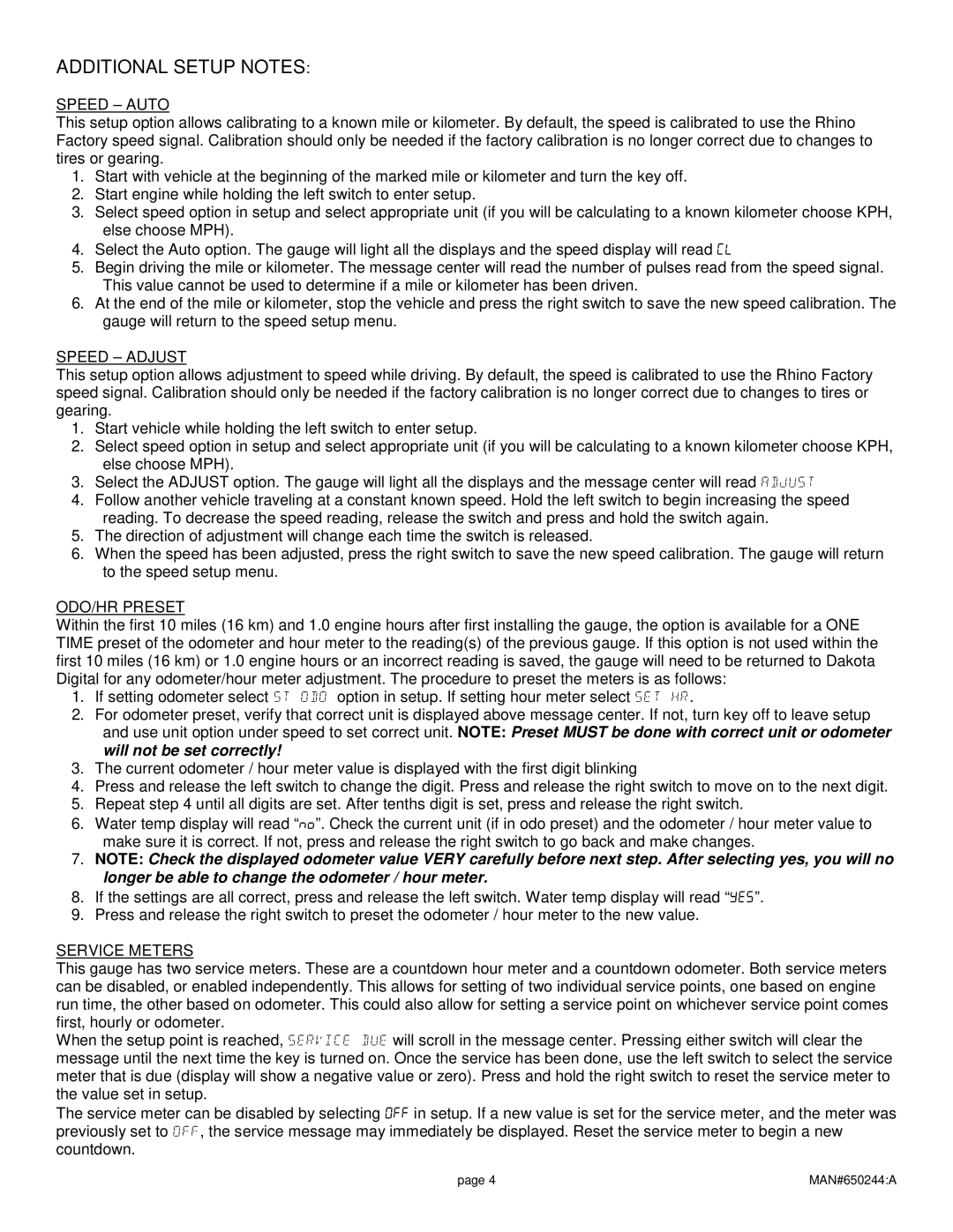 Dakota Digital UTV-1200 manual Additional Setup Notes, Speed Auto, Speed Adjust, ODO/HR Preset, Service Meters 