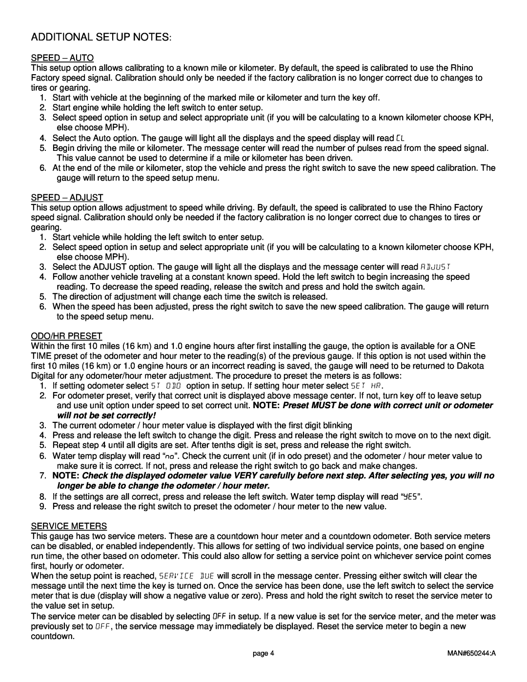 Dakota Digital UTV-1200 manual Additional Setup Notes 