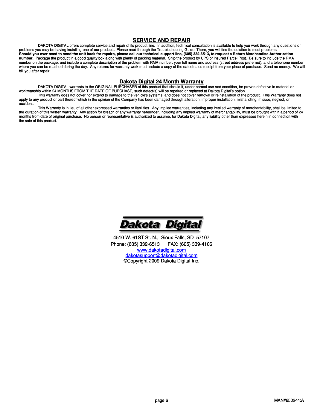 Dakota Digital UTV-1200 manual 4510 W. 61ST St. N., Sioux Falls, SD Phone 605 332-6513 FAX 605, Service And Repair, page 