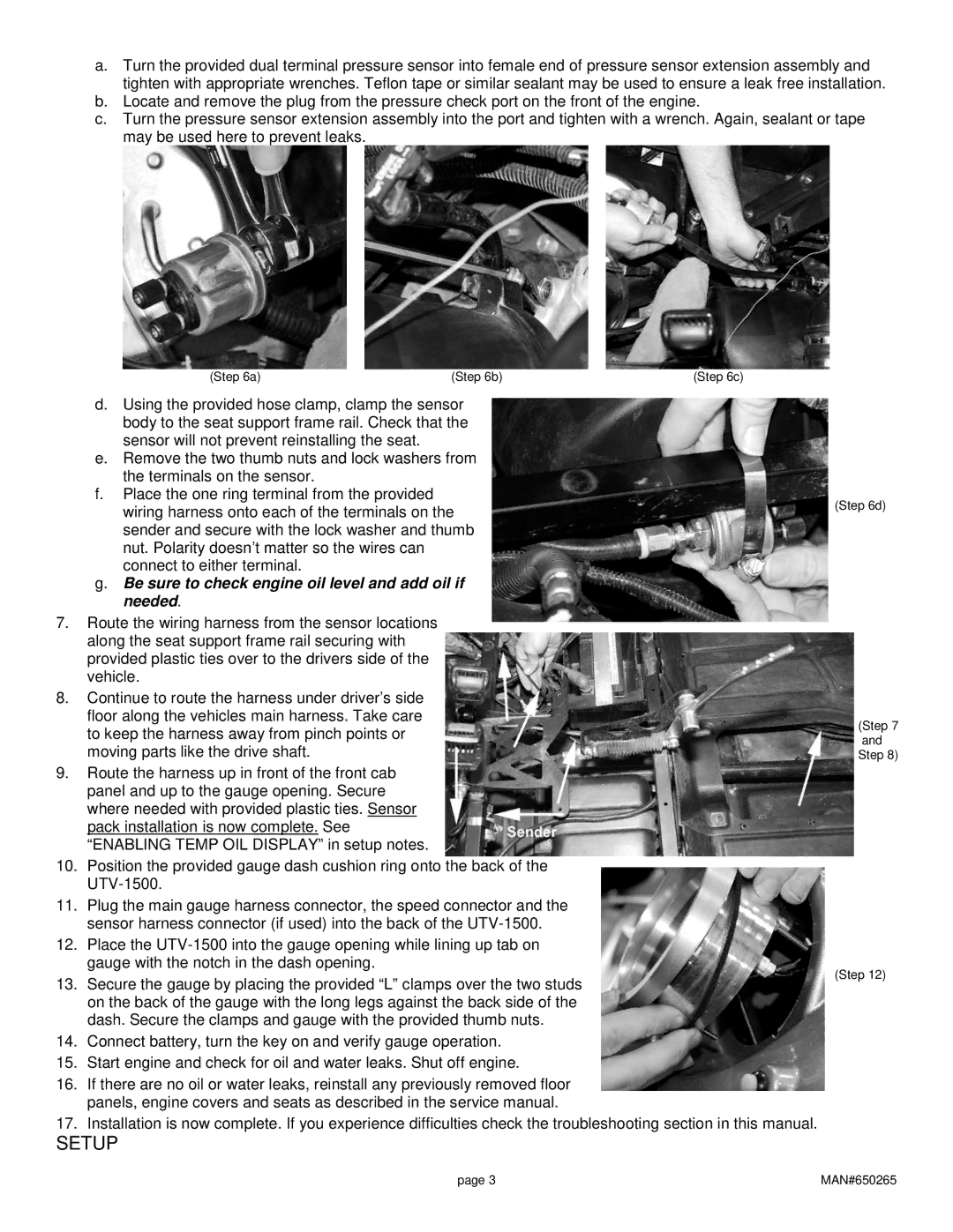 Dakota Digital UTV-1500 manual Setup, Be sure to check engine oil level and add oil if needed 