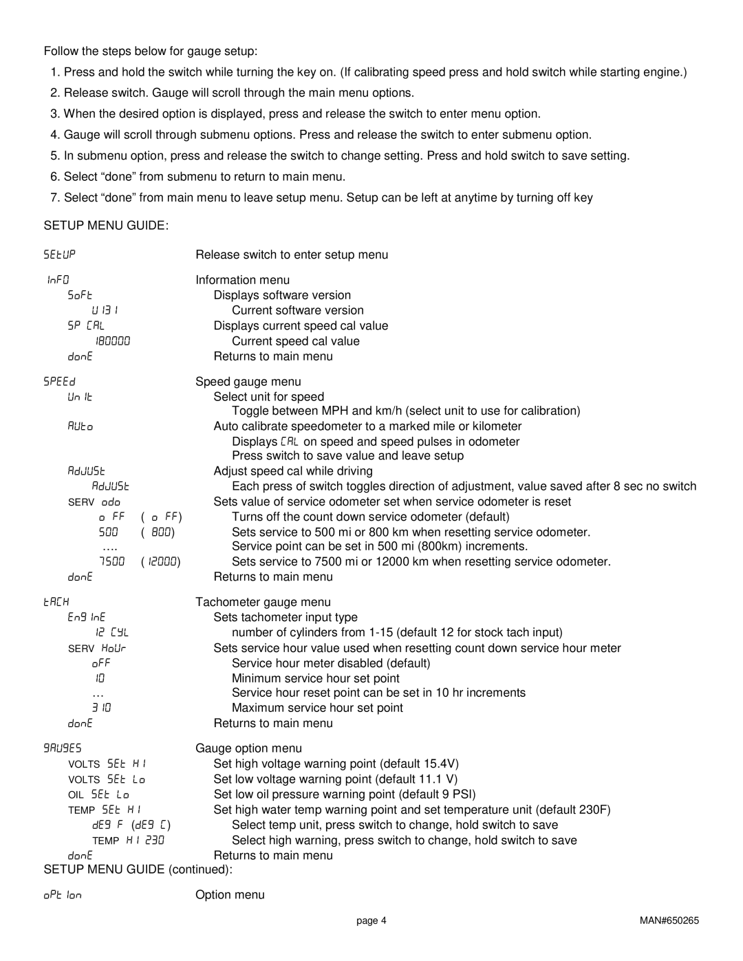 Dakota Digital UTV-1500 manual Setup Menu Guide 