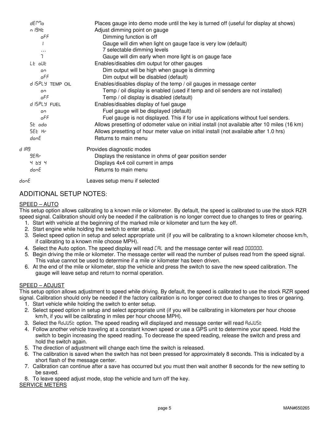 Dakota Digital UTV-1500 manual Additional Setup Notes, Speed Auto, Speed Adjust, Service Meters 