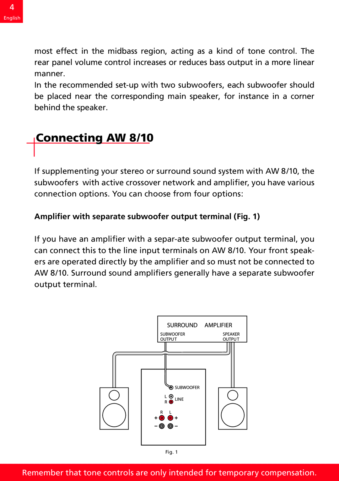 DALI Loudspeakers AW 10 manual Connecting AW 8/10, Amplifier with separate subwoofer output terminal Fig 