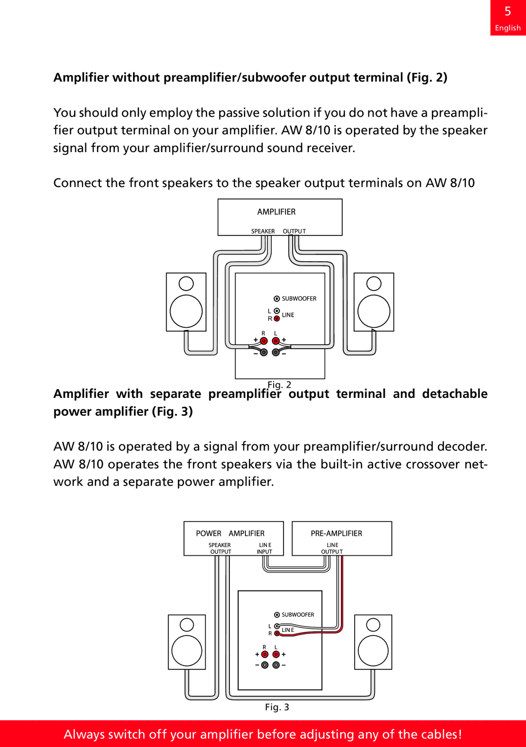 DALI Loudspeakers AW 10, AW 8 manual Amplifier without preamplifier/subwoofer output terminal Fig 