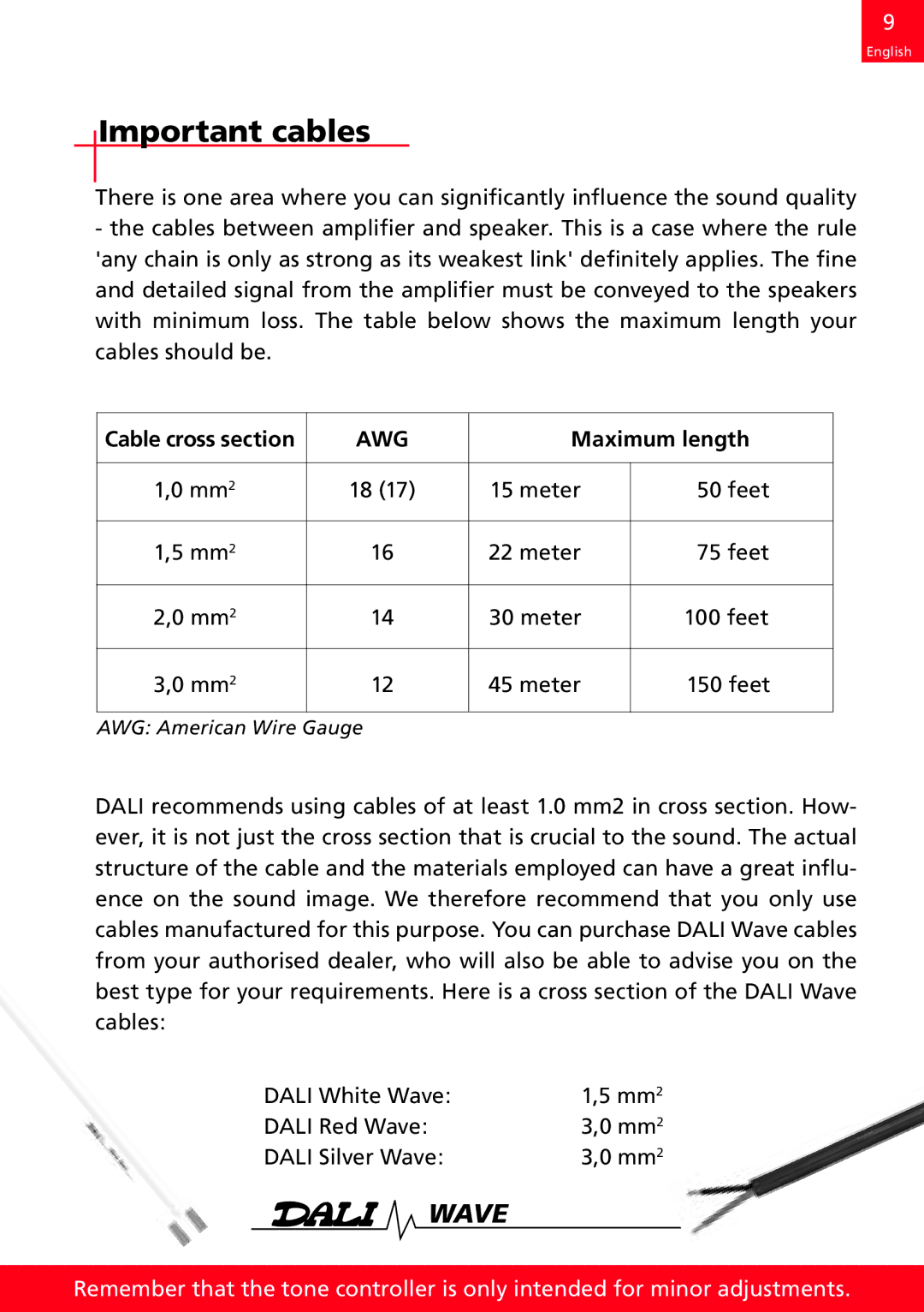 DALI Loudspeakers AW 10, AW 8 manual Important cables, Cable cross section, Maximum length 