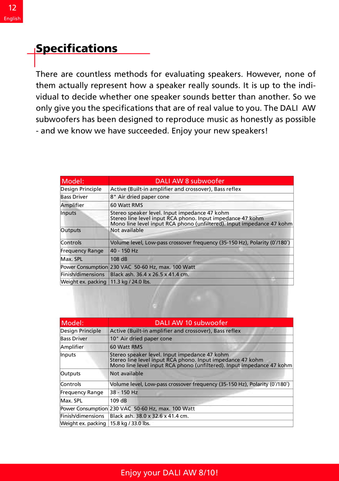 DALI Loudspeakers manual Specifications, Enjoy your DALI AW 8/10, Model, DALI AW 8 subwoofer, DALI AW 10 subwoofer 