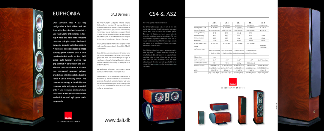 DALI Loudspeakers MS4, RS3, MS5 manual Euphonia, CS4 & AS2, Dali Denmark, Center Speaker and Subwoofer Tower 