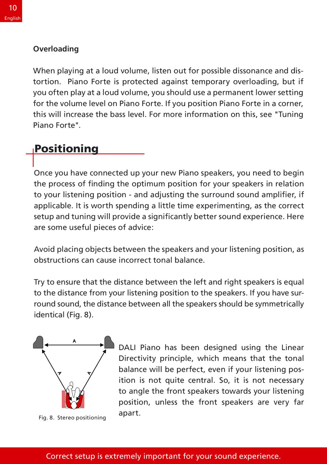 DALI Loudspeakers speakers manual Positioning, Overloading 