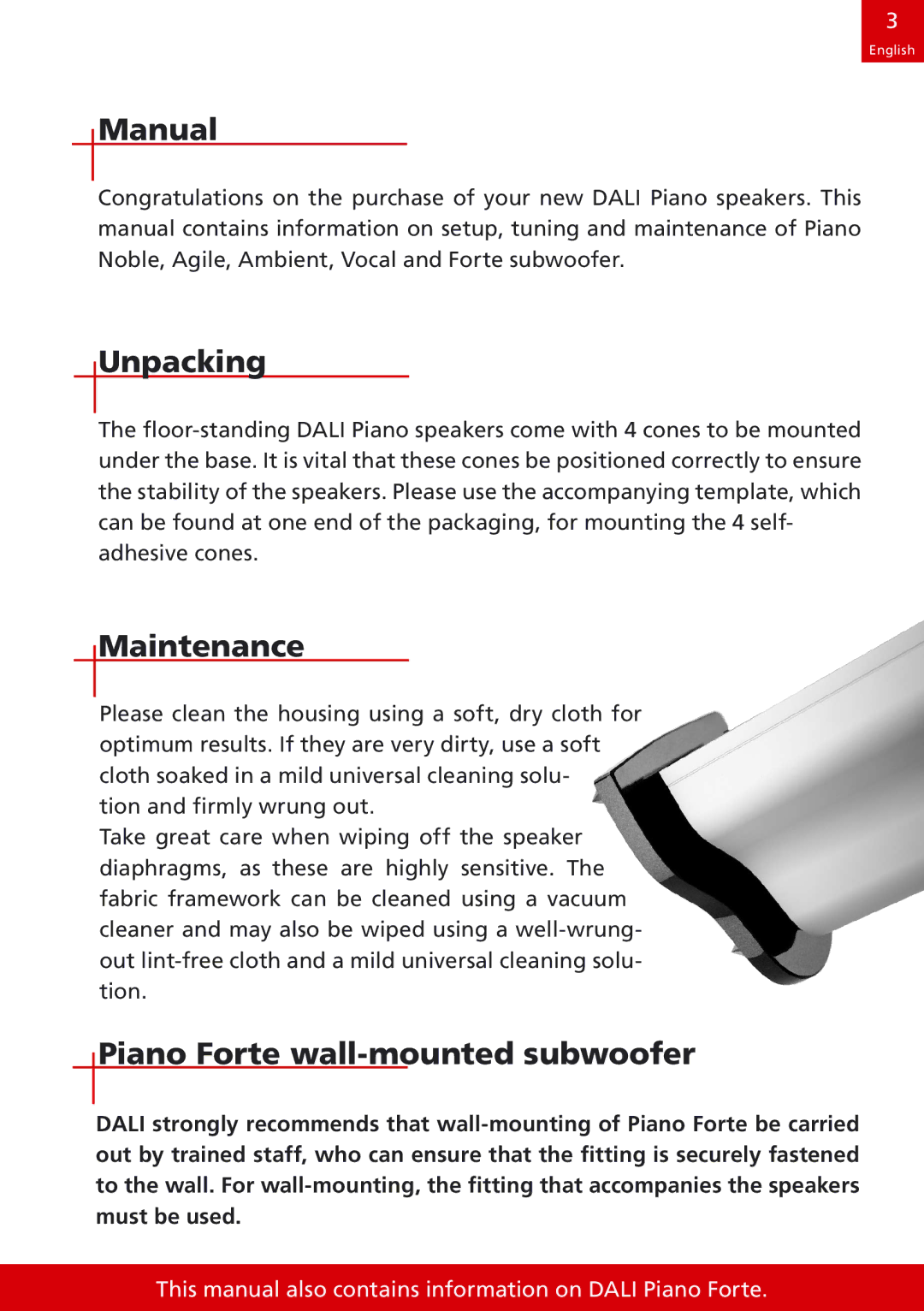 DALI Loudspeakers speakers manual Manual, Unpacking, Maintenance, Piano Forte wall-mounted subwoofer 