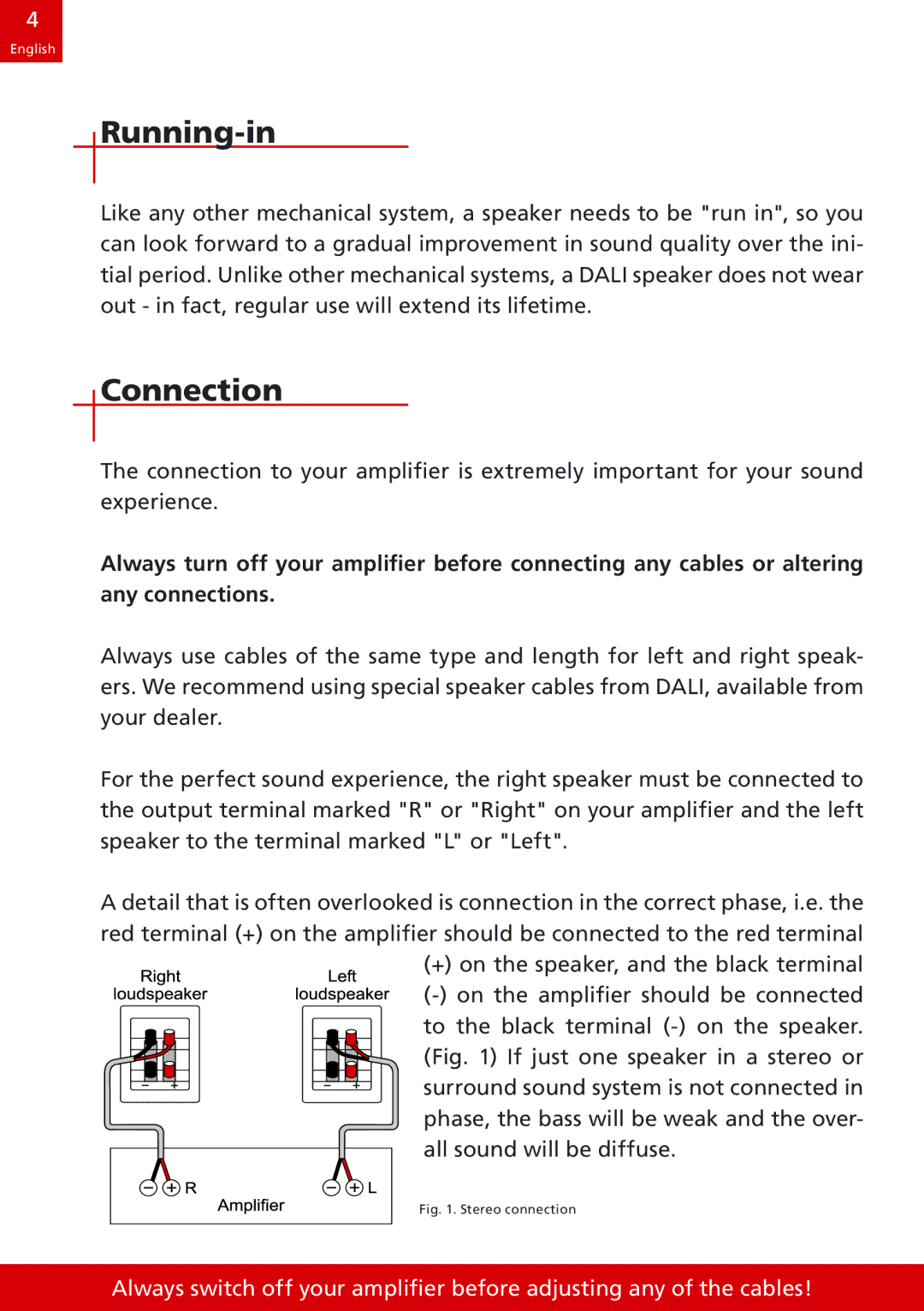 DALI Loudspeakers speakers manual Running-in, Connection 