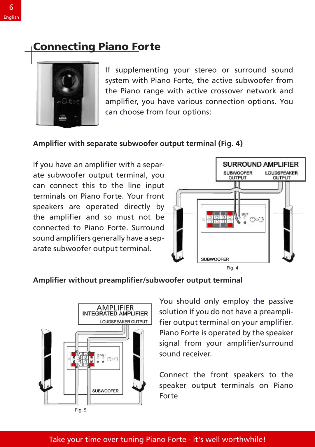 DALI Loudspeakers speakers manual Connecting Piano Forte, Amplifier with separate subwoofer output terminal Fig 