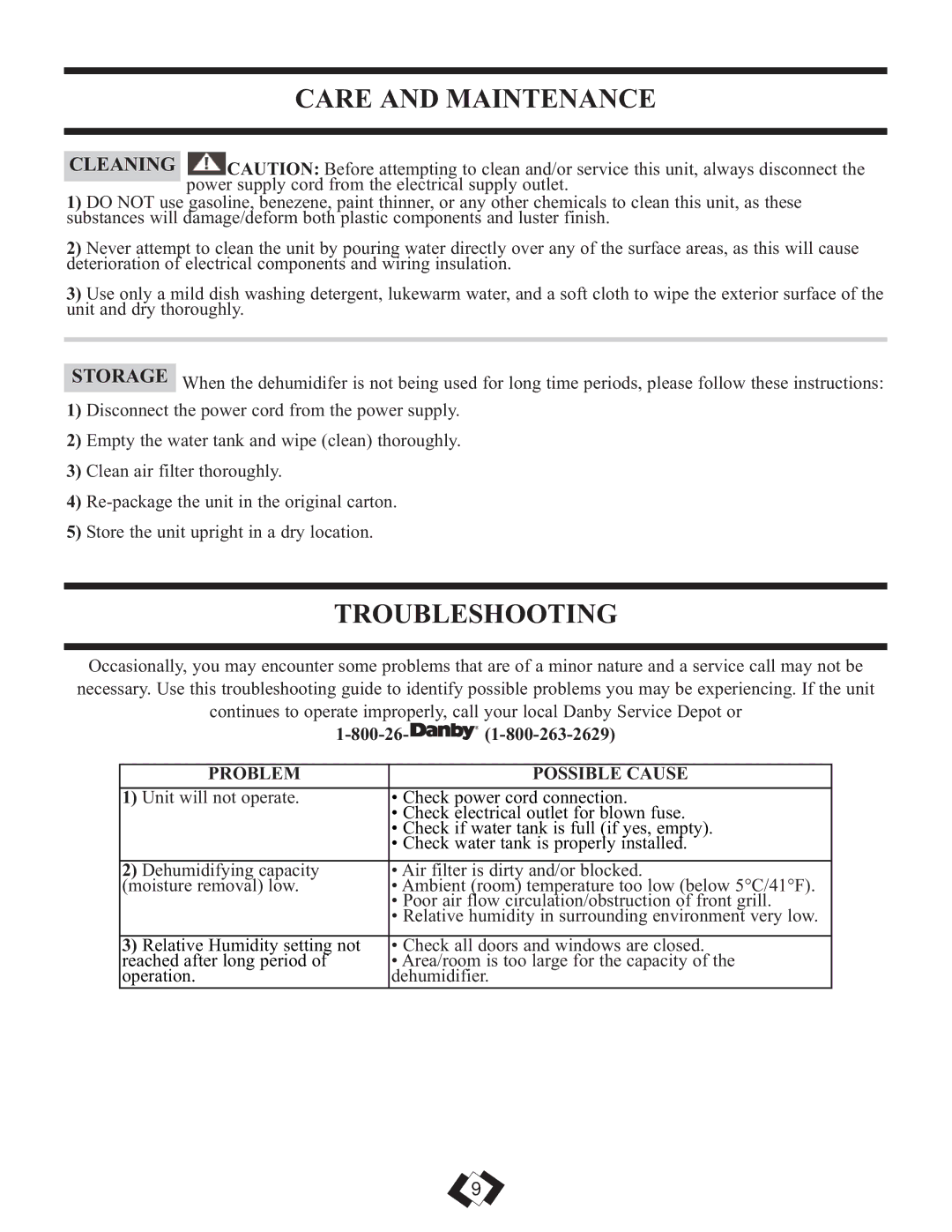 Danby 6009REE, 7009REE operating instructions Care and Maintenance, Troubleshooting, Problem Possible Cause 