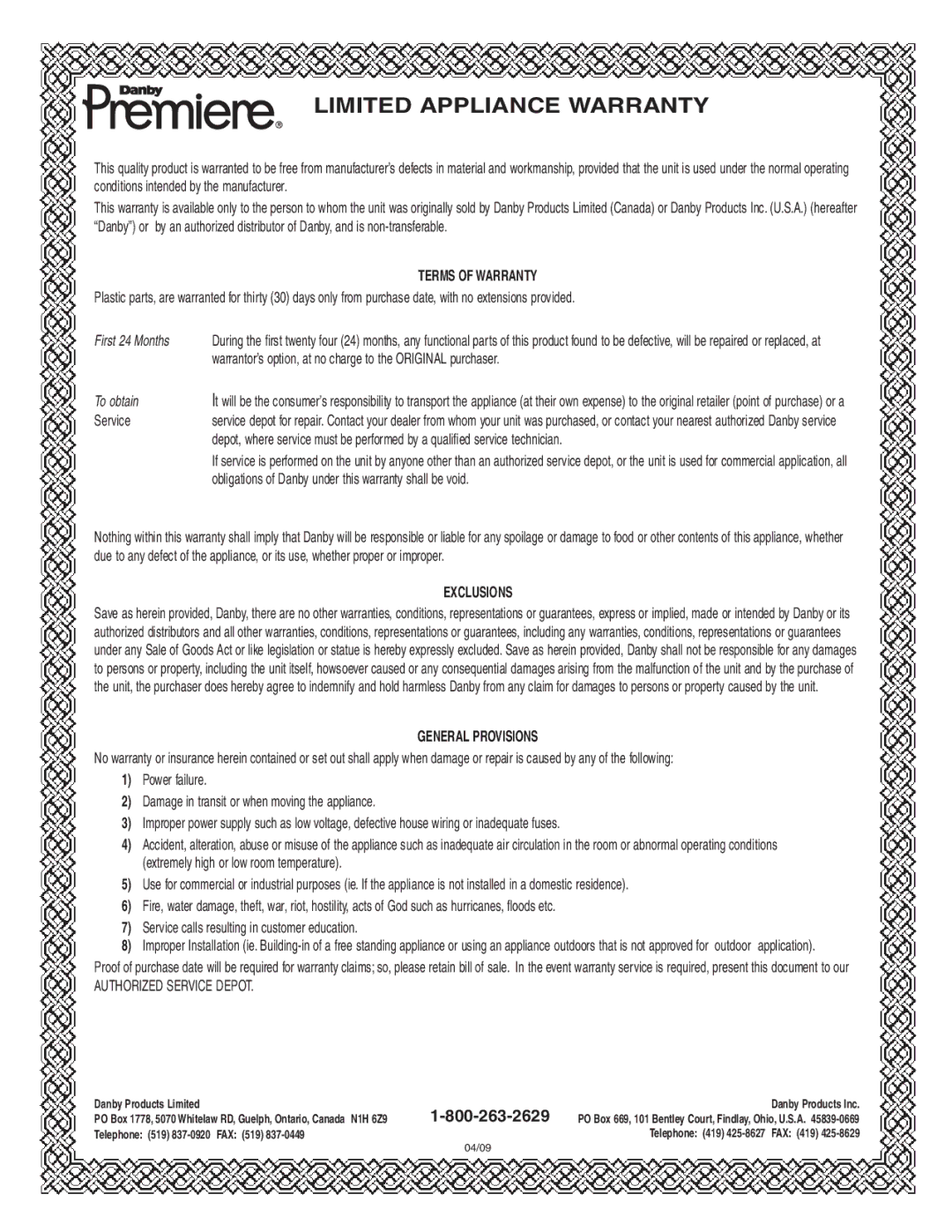 Danby 7009REE, 6009REE operating instructions Limited Appliance Warranty 