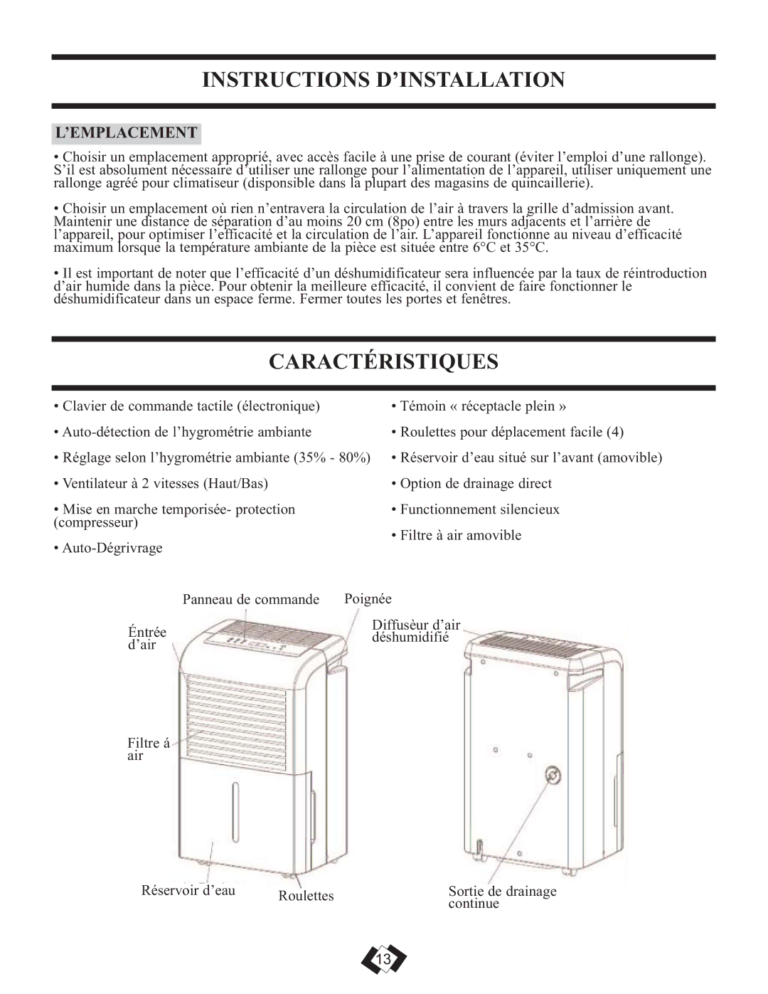 Danby 6009REE, 7009REE operating instructions Instructions D’INSTALLATION, Caractéristiques, ’Emplacement 