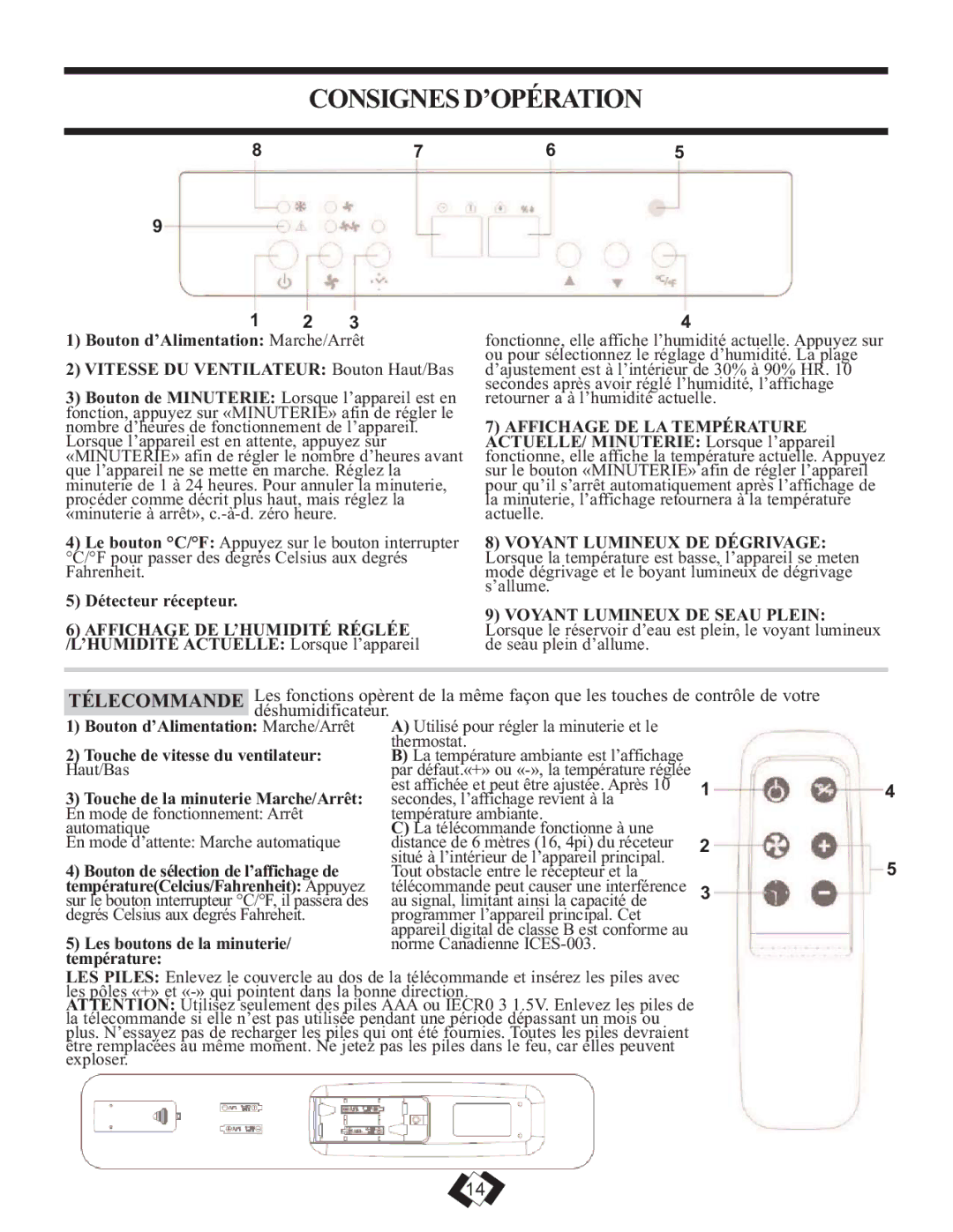 Danby 7009REE, 6009REE operating instructions Consignes D’OPÉRATION, Détecteur récepteur 