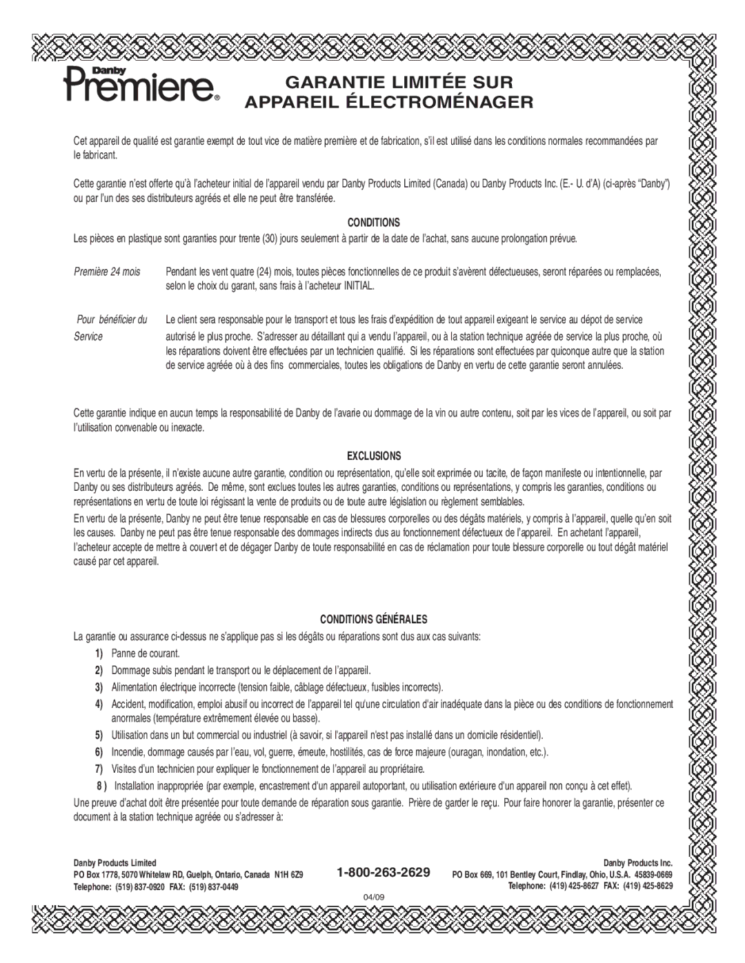 Danby 7009REE, 6009REE operating instructions Garantie Limitée SUR Appareil Électroménager 