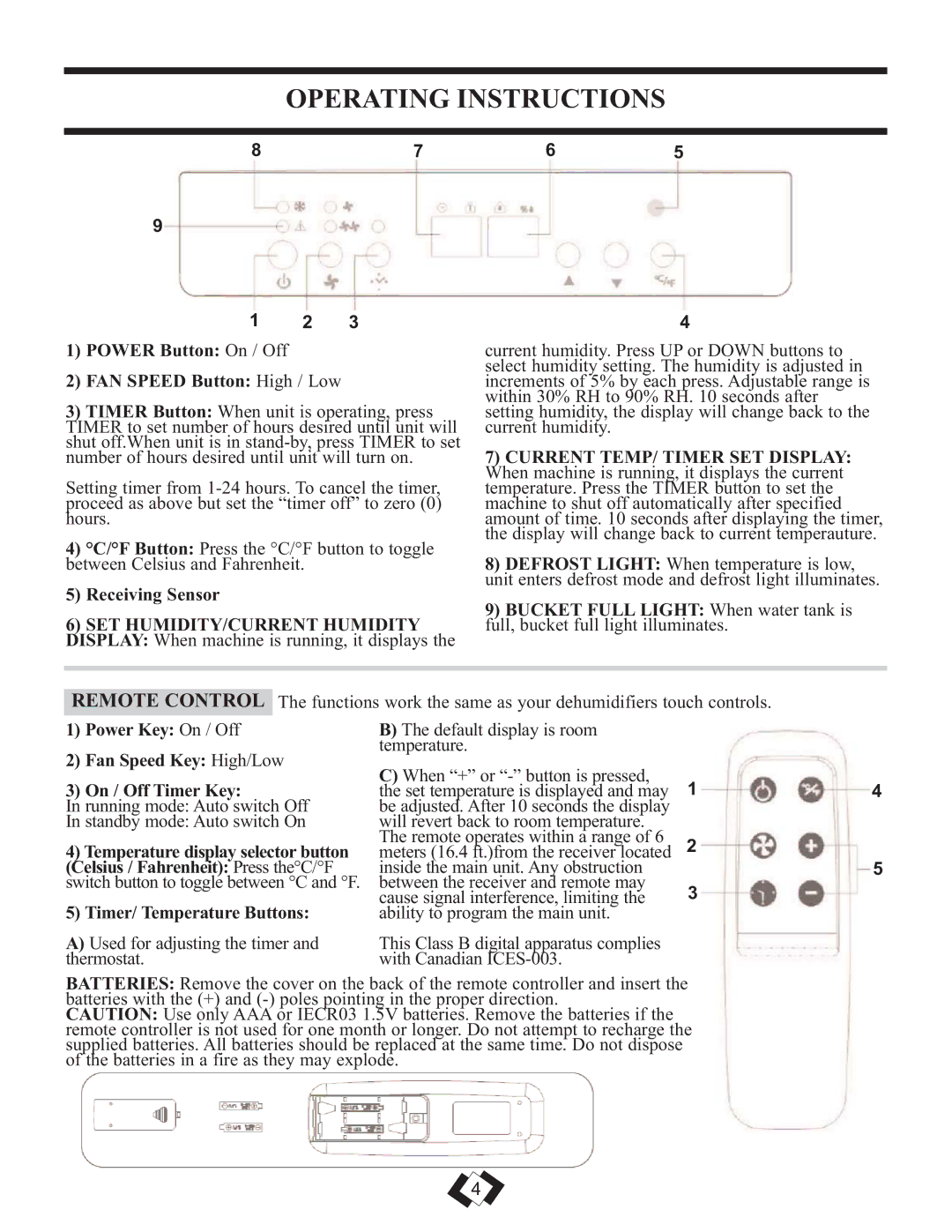 Danby 7009REE Operating Instructions, Power Button On / Off FAN Speed Button High / Low, Timer/ Temperature Buttons 