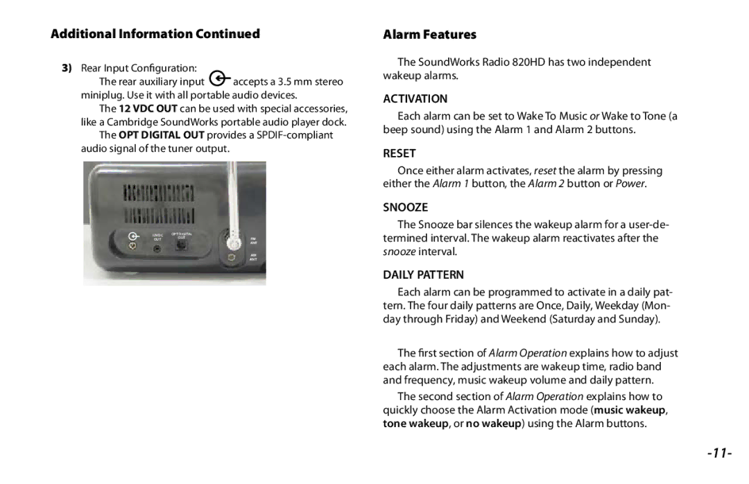 Danby 820HD manual Alarm Features, Rear Input Configuration 