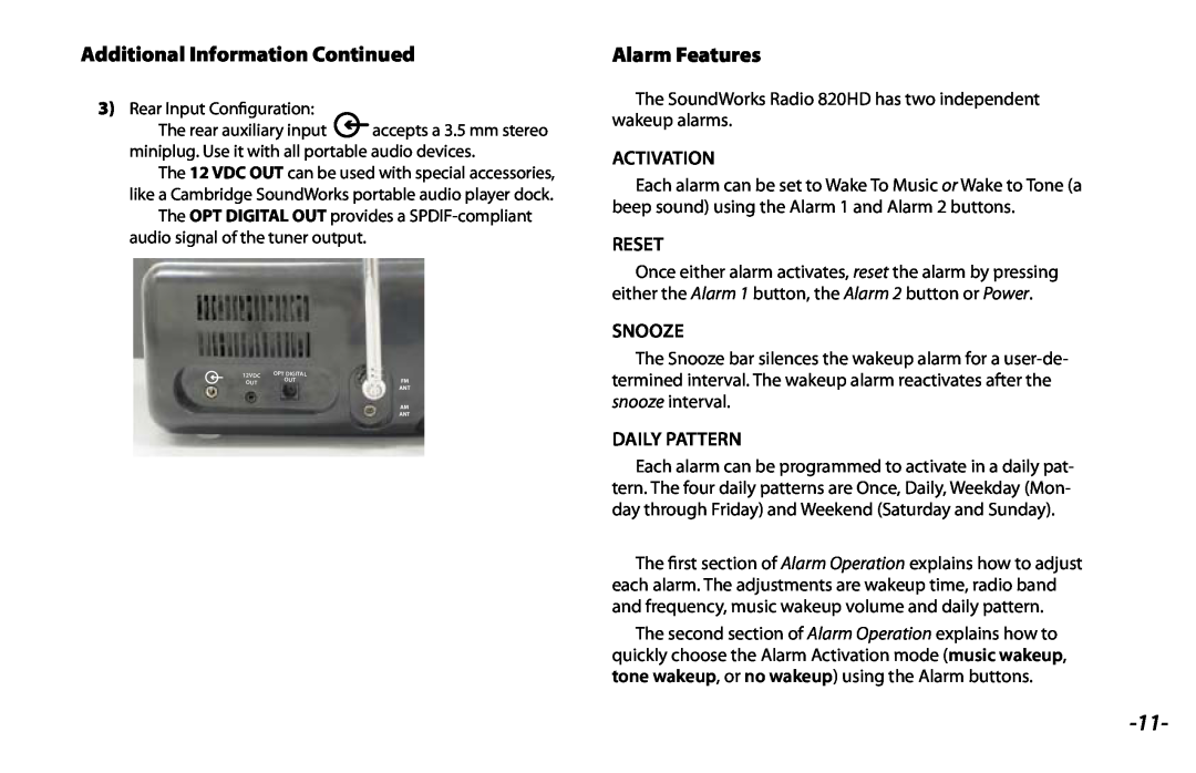 Danby 820HD manual Additional Information Continued, Alarm Features, Activation, Reset, Snooze, Daily Pattern 