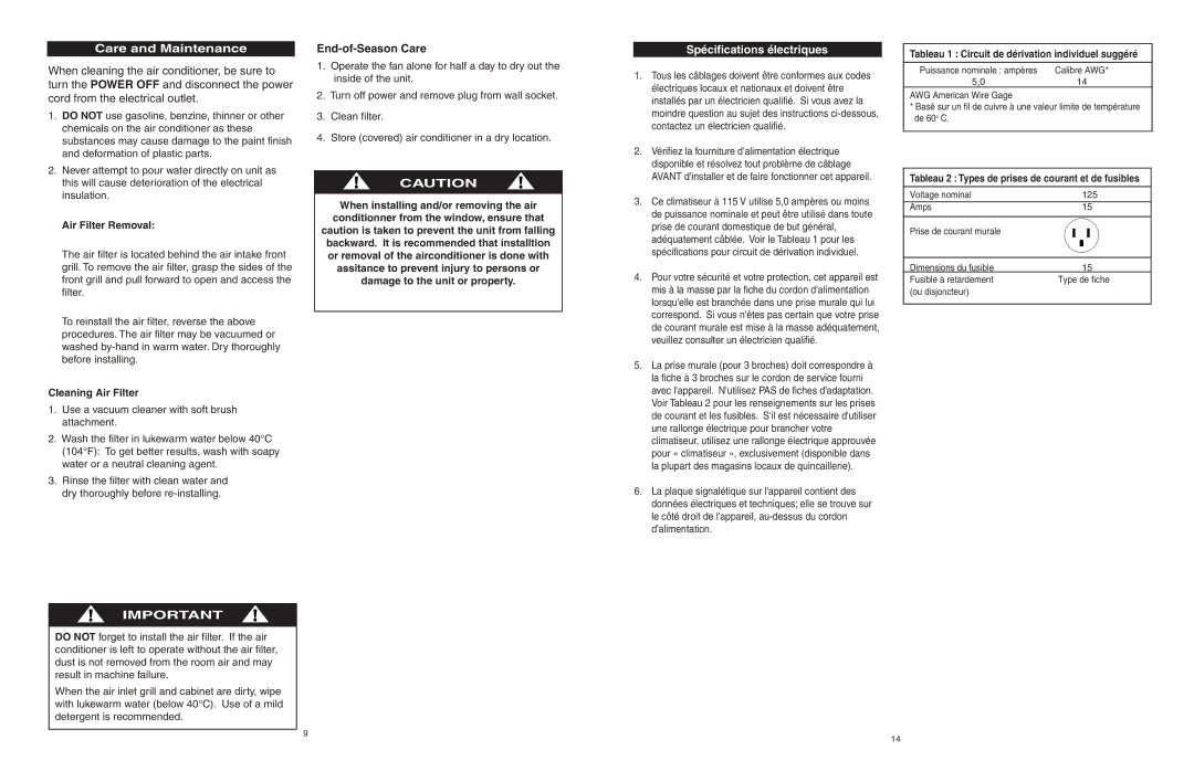 Danby AAC5246DE Care and Maintenance, End-of-Season Care, Spécifications électriques, Air Filter Removal 