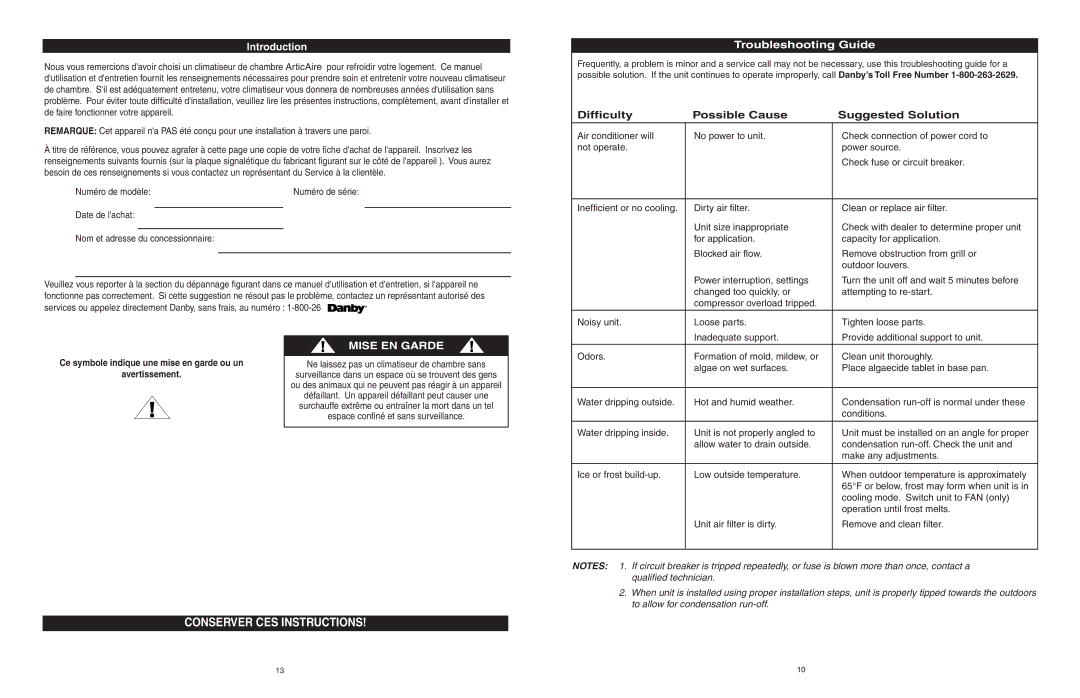 Danby AAC5246DE Troubleshooting Guide, Introduction, Ce symbole indique une mise en garde ou un Avertissement 