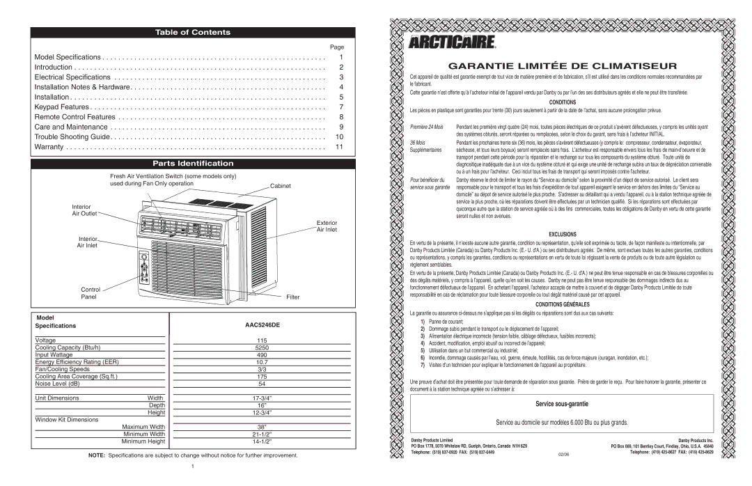 Danby AAC5246DE manuel dutilisation Garantie Limitée DE Climatiseur 