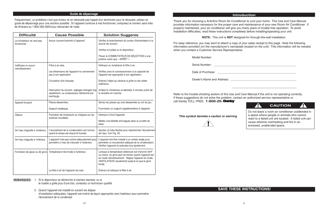 Danby AAC5246DE manuel dutilisation Introduction, Guide de dépannage, This symbol denotes a caution or warning 